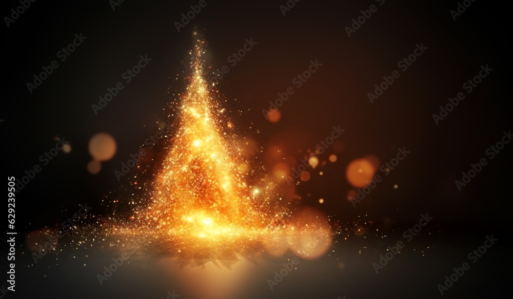 Golden Christmas tree made of sparkling lights and lines, Christmas card design. Generative AI. Golden Christmas tree made of sparkling lights and lines, Christmas card design. Generative AI.