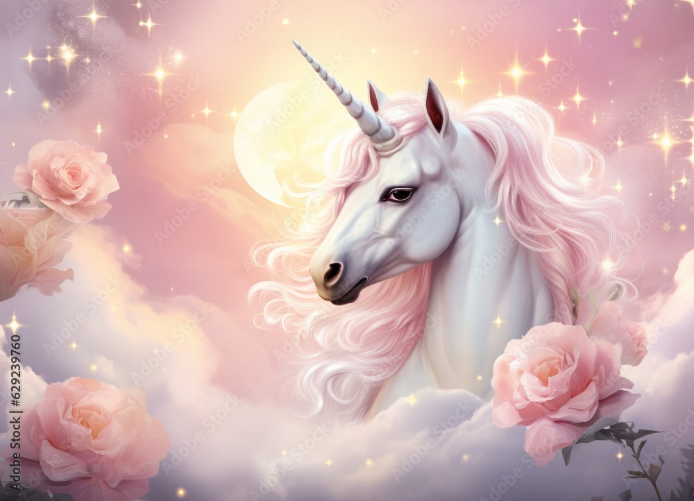 Illustration of a vibrant unicorn painting adorned with pink roses created with Generative AI technology