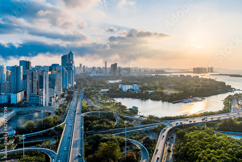 Aerial photography of Haikou International Trade CBD and Binhai Interchange in Hainan, China