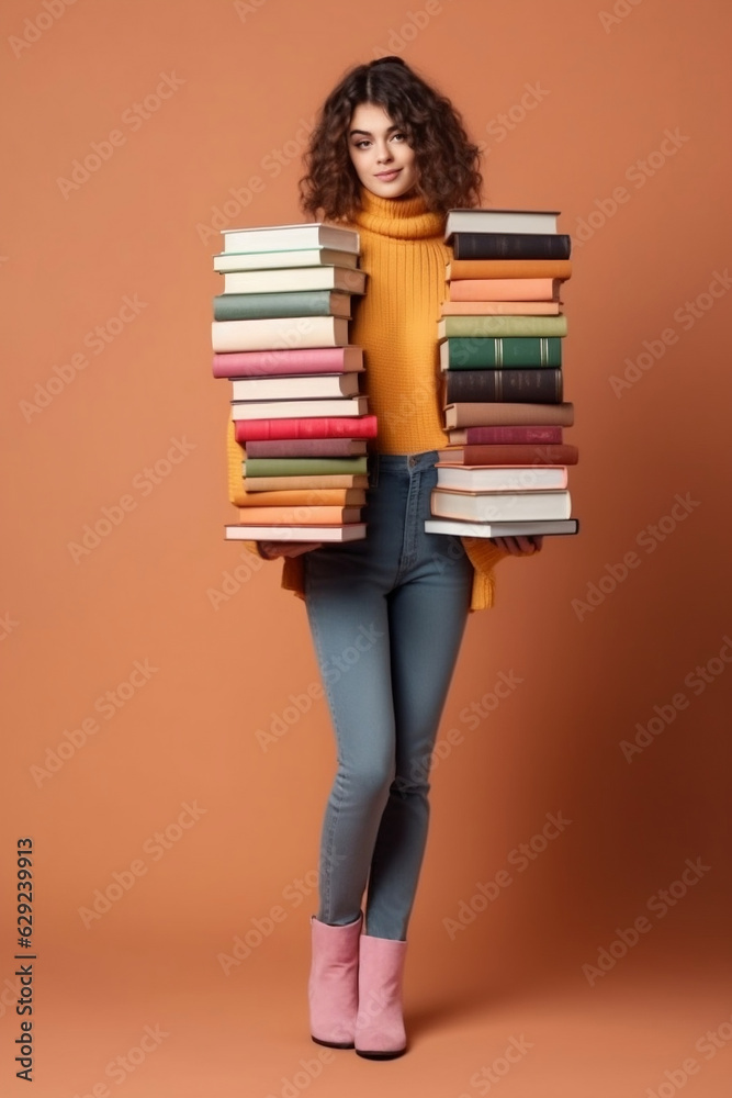 full length of a pretty woman attractive overwhelmed intelligent girl carrying a big large pile of books and materials science project. Isolated on yellow color background. Generated AI full length of a pretty woman attractive overwhelmed intelligent girl carrying a big large pile of books and materials science project. Isolated on yellow color background. Generated AI