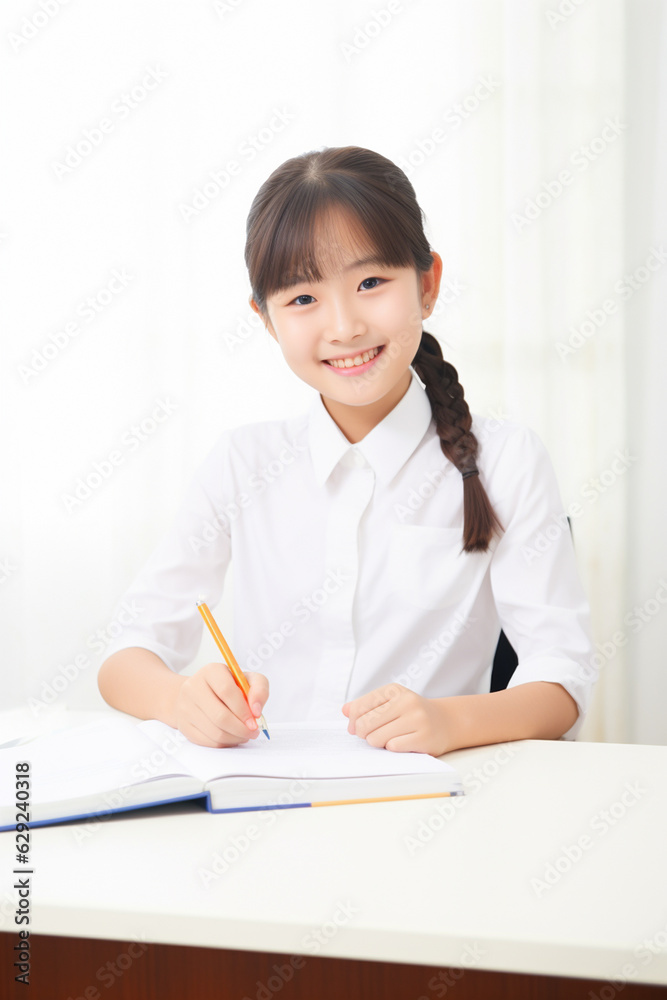 A happy Japanese schoolgirl is sitting at the desk doing homework, white background. school. back to school. classes. AI generated image