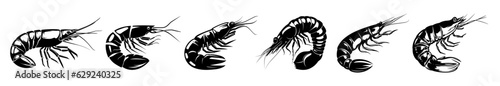 Set of shrimp black silhouette vectors