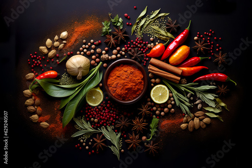 Cooking table with herbs  spices and utensils. Top view with copy space