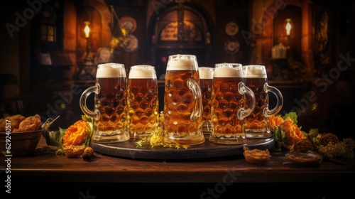 Set of mugs with beer on table. Oktoberfest concept. AI Generated.