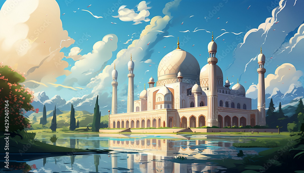 Obraz premium Islamic mosque with ornate architecture depicted in stylized flat illustration,