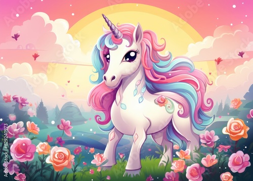 Illustration of a majestic unicorn standing gracefully in a field of vibrant roses created with Generative AI technology