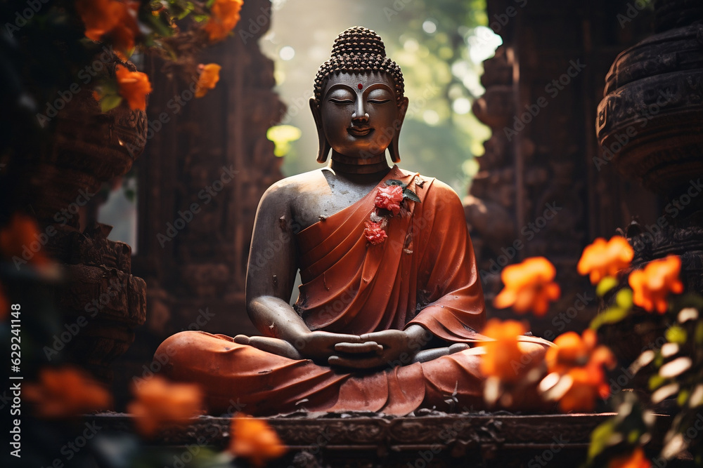 Serene Buddha Statue Enveloped in Tranquil Temple