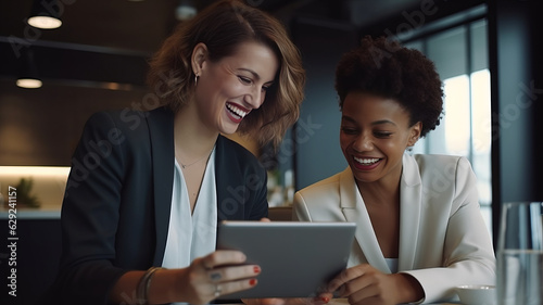 Shot of two businesswoman working together on digital tablet. Creative female executives meeting in an office using tablet pc and smiling.Generative ai photo