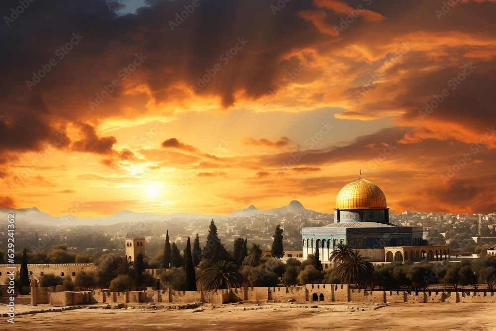 Fototapeta premium Sacred beauty of Al-Aqsa Mosque and Dome of the Rock in Jerusalem's Old City