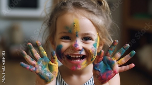 Funny child girl draws laughing shows her hands dirty with paint. Generated AI 
