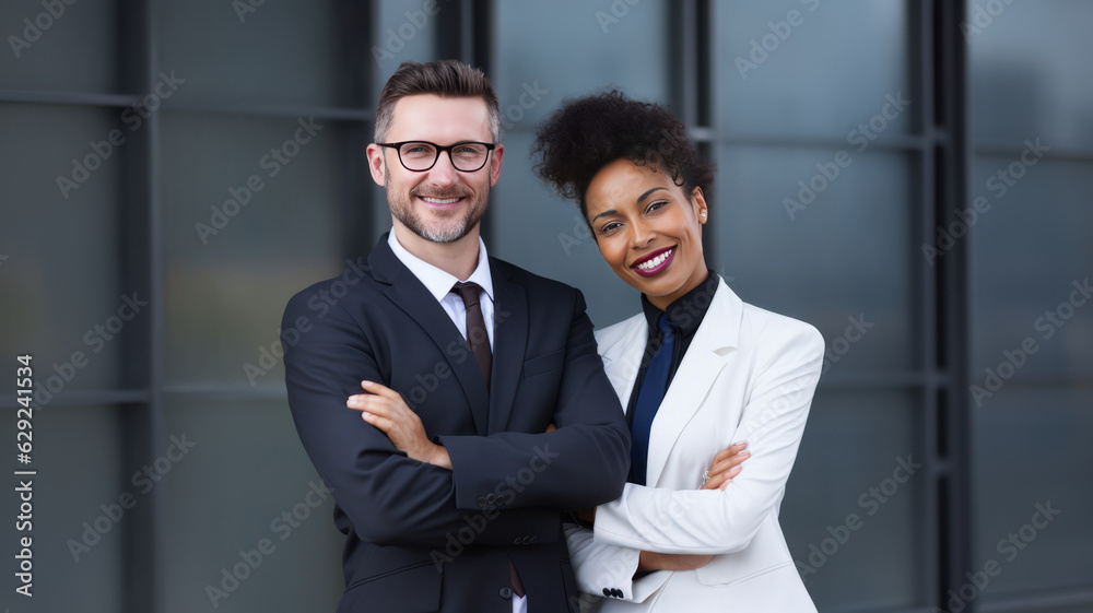 Portrait of happy multi ethnic business couple posing with arms crossed,Generative ai Portrait of happy multi ethnic business couple posing with arms crossed,Generative ai