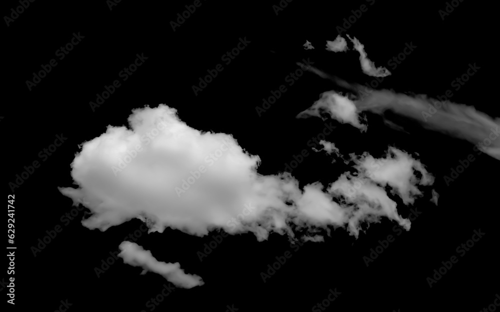 Large white clouds. Cloud isolated on black sky with fluffy white cloudscape texture. Black sky nature background, cloudy, white and black, horizontal