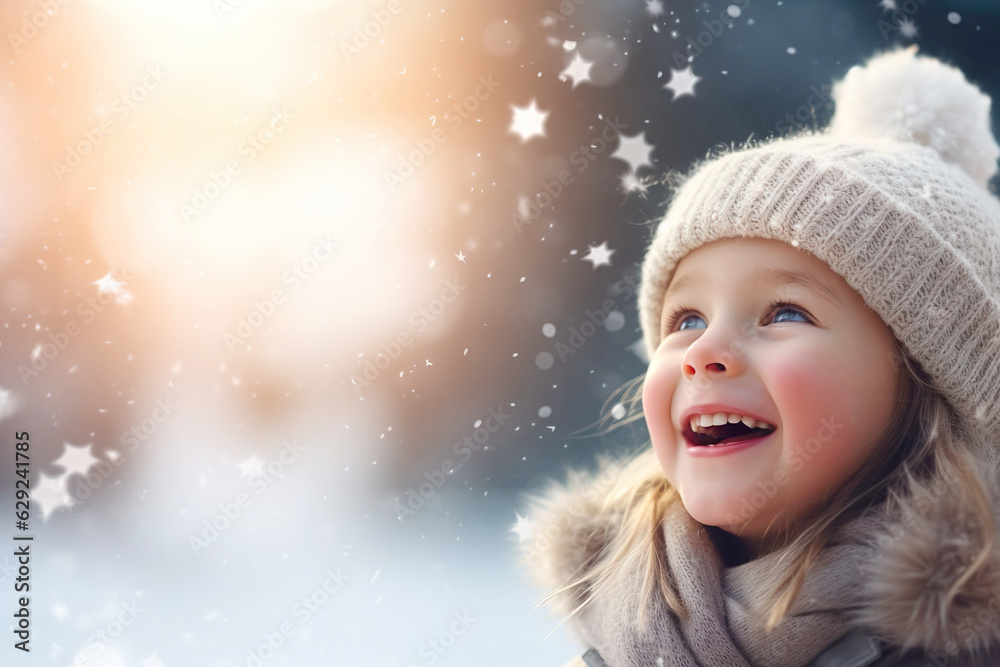 Happy girl enjoying snow. Winter banner with a girl and copy space.
