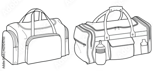 Set of Duffel bag flat sketch fashion illustration drawing template mock up, Sport duffle bag cad drawing. barrel bag flat sketch vector