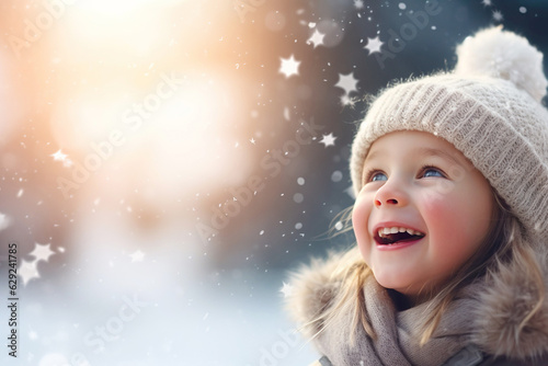 Obraz na płótnie Happy girl enjoying snow. Winter banner with a girl and copy space. w salonie