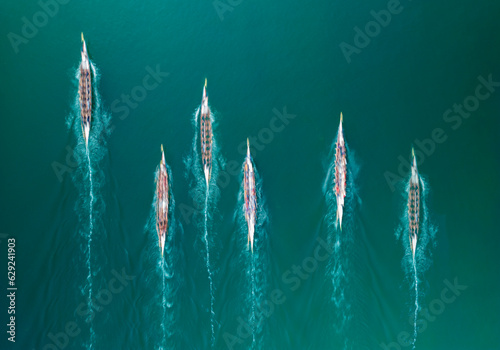 Dragon boats racing to the finish line