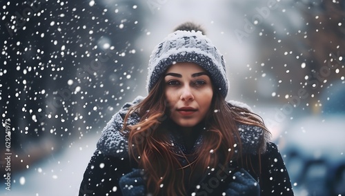 photo of a women in winter snow fall on background