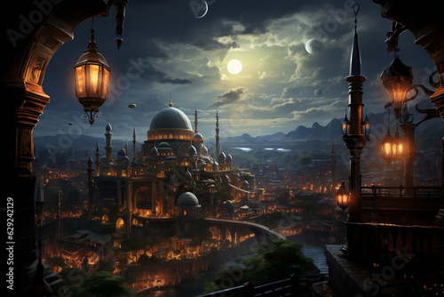 Cityscape with Mosque and Lantern Illumination