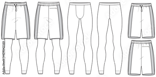 Men's oversize Sweat shorts with compression leggings tight pants front and back view flat sketch fashion illustration drawing, Knitted Jogger short vector template