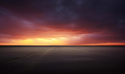 Evening light, a flat, large asphalt road stunning sky at twilight. High quality photo
