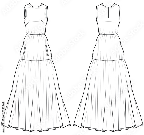 Women sleeveless Prairie dress design flat sketch fashion illustration with front and back view, Tiered maxi dress flat sketch template