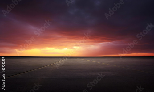 Evening light, a flat, large asphalt road stunning sky at twilight. High quality photo © oksa_studio