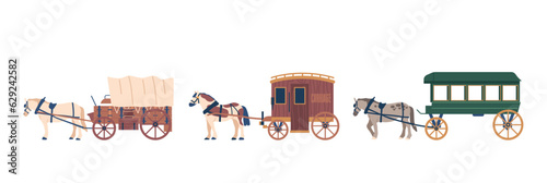 Set Of Wagons Isolated On White Background. Sturdy And Practical Horse-drawn Vehicles, Cartoon Vector Illustration