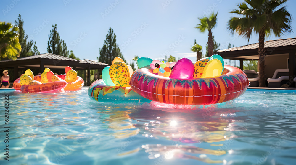 Pool full of Inflatables Refreshing Summer.
Generative AI.