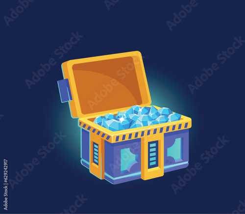 Cartoon Sci-fi Treasure Box With Neon Light Glow Isolated On Dark Background. Open Futuristic Chest Full Of Diamonds