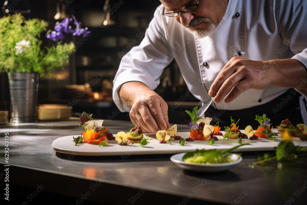 Create a visually captivating scene of a chef plating a dish, with a meticulous arrangement of ingredients, displaying the kitchen's dedication to culinary finesse.