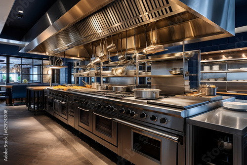 Design an exquisite restaurant kitchen, with stainless steel countertops, state-of-the-art cooking appliances, and a bustling team of chefs, showcasing the epitome of culinary exce Generative AI