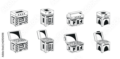 Futuristic Chests Black And White Icons Set. Closed And Open Boxes With Treasure, Isolated Sci-fi Game Assets