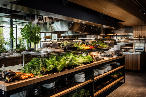 Craft a visually stunning showcase of fresh produce and ingredients, reflecting the commitment to quality and farm-to-table values in the restaurant's kitchen." Generative AI
