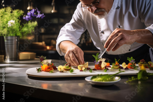 Create a visually captivating scene of a chef plating a dish  with a meticulous arrangement of ingredients  displaying the kitchen s dedication to culinary finesse.  Generative AI