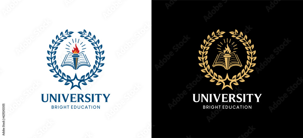 Higher education university emblem logo design using torch, book and paddy star symbols Higher education university emblem logo design using torch, book and paddy star symbols