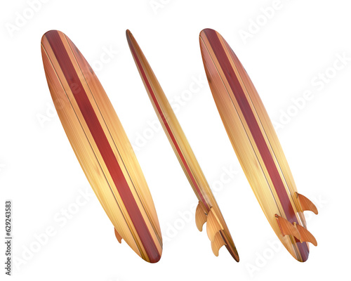 Photography 3D Rendering Wooden Longboard Surfboard Front, Side And Back View Isolated On Tr