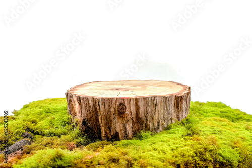 Wooden saw cut, round podium with green moss isolated on a white background. High quality photo