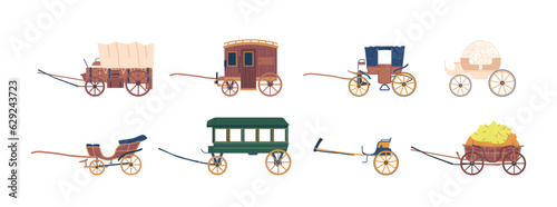 Carriages, Elegant Horse-drawn Vehicles, Used For Transportation Of People In The Past. Wagons Practical Vehicles