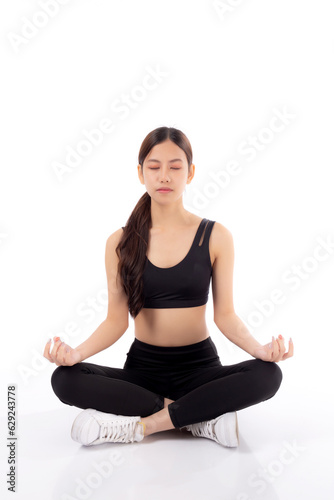 Portrait beautiful young asian woman practicing yoga with sitting posing meditation with peaceful isolated white background, girl training workout with relax and calm for balance, sport concept.