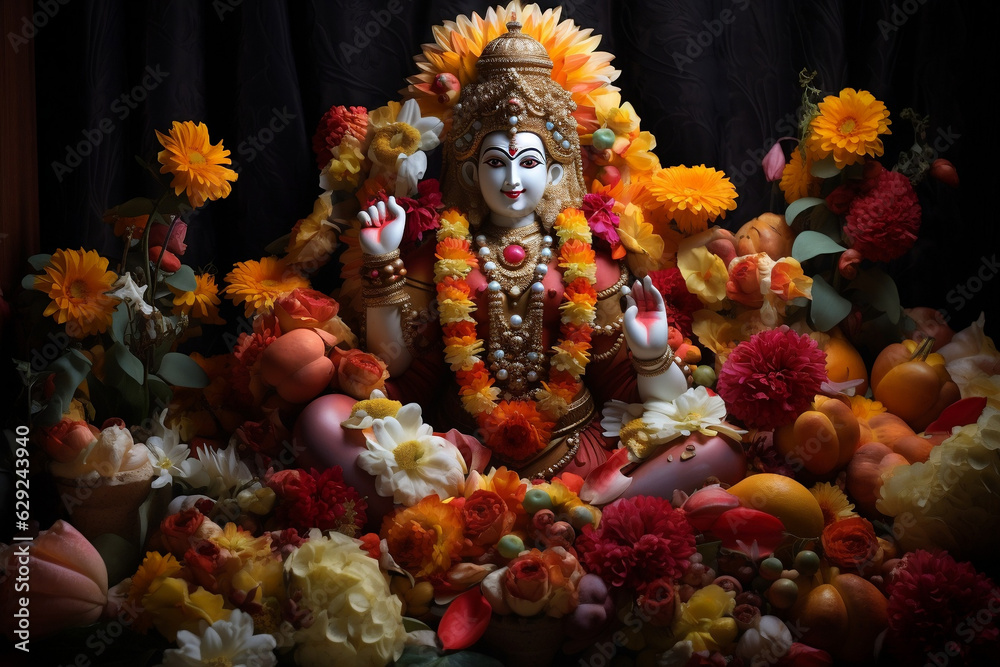 Divine Reverence: A Majestic Hindu Deity Embraced by Devotion, Adorned with Jewels and Surrounded by Sacred Offerings