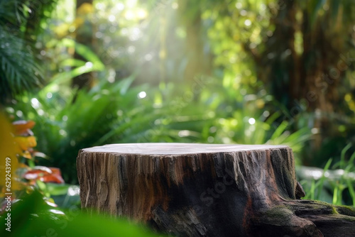 Wooden cut, round podium on the background of tropical plants. High quality photo