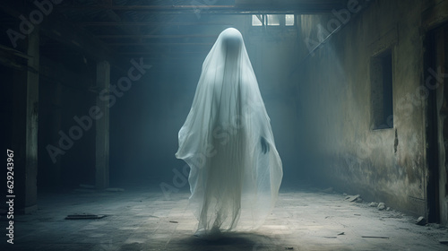 Transparent ghost figure in veil floating in an old abandoned building. 