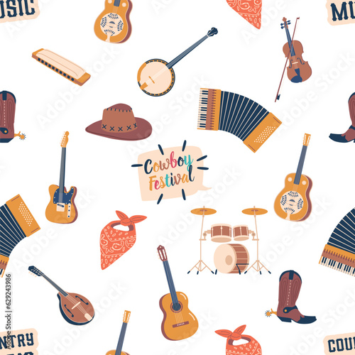 Seamless Pattern Featuring Country Music Instruments Such As Guitar, Banjo, Drums And Fiddle, Vector Illustration