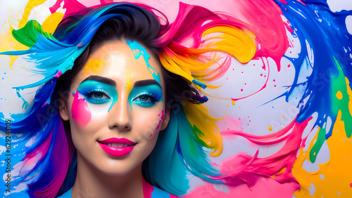 colorful paint splashing on face of woman model