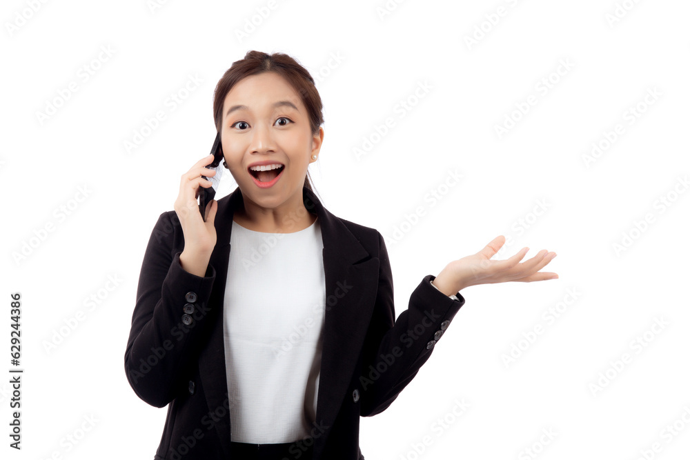 Young asian business woman in suit talking on smart phone isolated on white background, businesswoman speaking on smartphone with conversation, female holding cell phone, communication concept. Young asian business woman in suit talking on smart phone isolated on white background, businesswoman speaking on smartphone with conversation, female holding cell phone, communication concept.