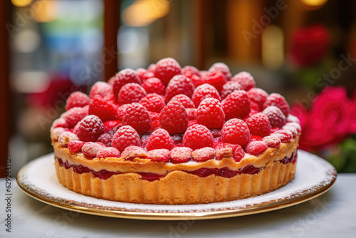 A raspberry pie on display in a Parisian patisserie
