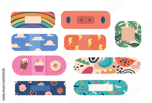 Collection Of Plasters In Various Shapes, Patterns And Sizes, Perfect For Covering Cuts And Grazes To Aid Healing
