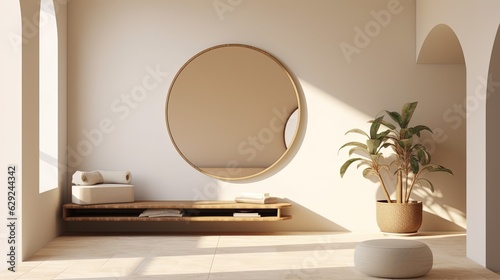 Luxury Interior Design of a Living Room with a Huge Circular Mirror. Generative AI.