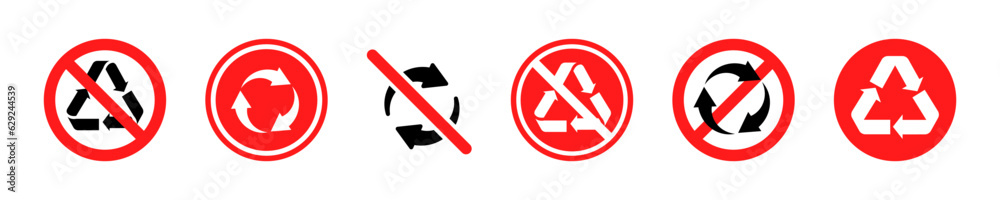 Set of no recycling icons on white background. Ban Reusable sign. Vector 10 Eps. Set of no recycling icons on white background. Ban Reusable sign. Vector 10 Eps.
