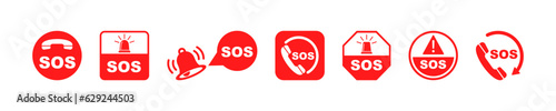 Set of sos vector icons. Emergency help red signs. Ambulance, alarm, alert or crisis icon. Vector 10 Eps.